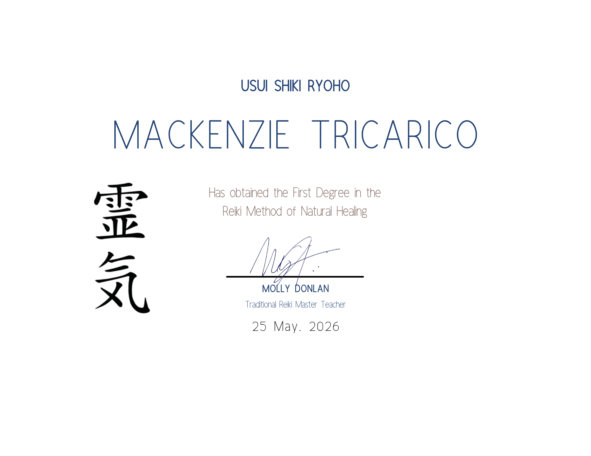 Reiki Level I Certification — Usui Shiki Ryoho, Mackenzie Tricarico